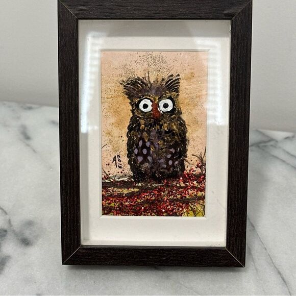Framed Owl Art Painting signed - Black and Brown - Picture 11 of 13